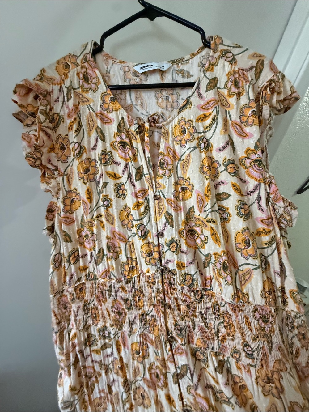 Sonoma Cream Floral Smocked Waist Maxi with Mustard and Pink Accents 4X